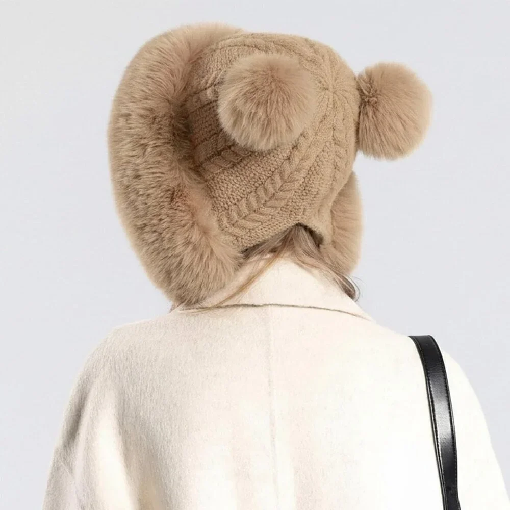 Women Khaki 2Winter Sherpa Beanie Hats Knit Ear Flaps Peruvian Cover Ears